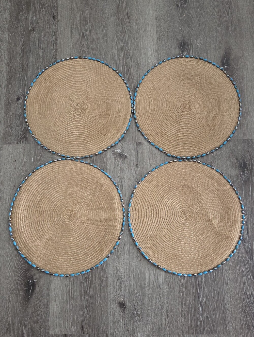 Set of 4 Round Woven Placemats with Turquoise & Hematite Beaded Border